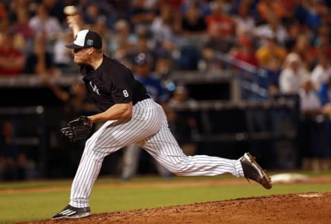 Mar 16, 2016; Tampa, FL, USA; New York Yankees relief pitcher Branden Pinder (57) throws a pitch during the sixth inning against the Toronto Blue Jays at George M. Steinbrenner Field. Mandatory Credit: Kim Klement-USA TODAY Sports