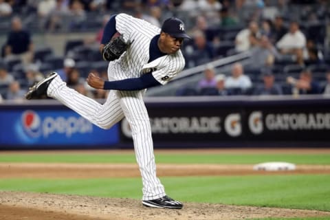 Jun 24, 2016; Bronx, NY, USA; New York Yankees relief pitcher Aroldis Chapman (54) delivers a pitch during the ninth inning against the Minnesota Twins at Yankee Stadium. New York Yankees won 5-3. Mandatory Credit: Anthony Gruppuso-USA TODAY Sports