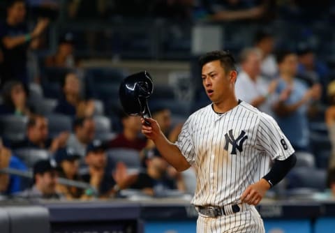 Jun 29, 2016; Bronx, NY, USA; New York Yankees first baseman Rob Refsnyder (38) heads to the dugout after scoring against the Texas Rangers at Yankee Stadium. Mandatory Credit: Noah K. Murray-USA TODAY Sports