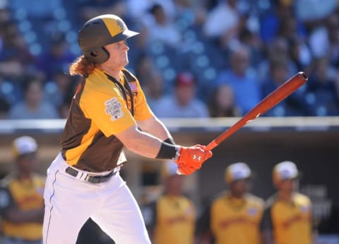 Jul 10, 2016; San Diego, CA, USA; USA outfielder Clint Frazier hits a RBI double in the third inning during the All Star Game futures baseball game at PetCo Park. Mandatory Credit: Gary A. Vasquez-USA TODAY Sports