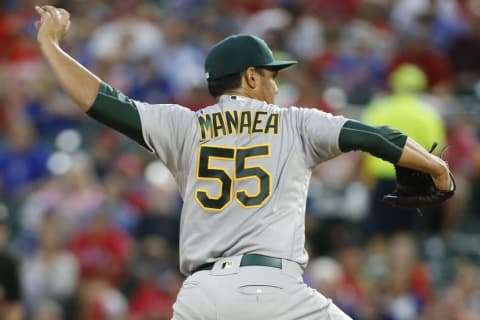 Aug 17, 2016; Arlington, TX, USA; Oakland Athletics starting pitcher Sean Manaea (55) throws a pitch in the first inning against the Texas Rangers at Globe Life Park in Arlington. Mandatory Credit: Tim Heitman-USA TODAY Sports