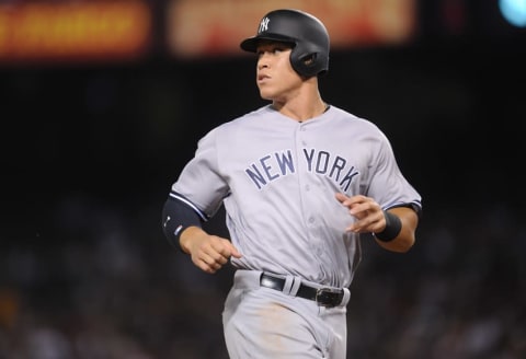 August 20, 2016; Anaheim, CA, USA; New York Yankees right fielder Aaron Judge (99) reaches third in the ninth inning against Los Angeles Angels at Angel Stadium of Anaheim. Mandatory Credit: Gary A. Vasquez-USA TODAY Sports