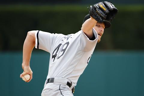 Aug 31, 2016; Detroit, MI, USA; Chicago White Sox starting pitcher Chris Sale (49) warms up before the first inning against the Detroit Tigers at Comerica Park. Mandatory Credit: Rick Osentoski-USA TODAY Sports