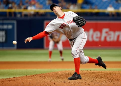 Aug 25, 2016; St. Petersburg, FL, USA; Boston Red Sox relief pitcher Brad Ziegler (29) throws a pitch against the Tampa Bay Rays at Tropicana Field. Tampa Bay Rays defeated the Boston Red Sox 2-1. Mandatory Credit: Kim Klement-USA TODAY Sports