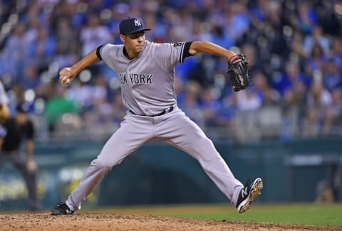 Aug 31, 2016; Kansas City, MO, USA; New York Yankees pitcher Ben Heller (61) delivers a pitch against the Kansas City Royals during the twelfth inning at Kauffman Stadium. Mandatory Credit: Peter G. Aiken-USA TODAY Sports