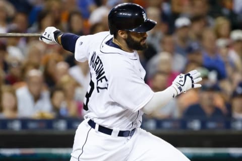 Sep 9, 2016; Detroit, MI, USA; Detroit Tigers right fielder J.D. Martinez (28) hits a two RBI single in the fifth inning against the Baltimore Orioles at Comerica Park. Mandatory Credit: Rick Osentoski-USA TODAY Sports