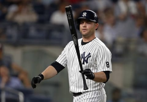 Sep 14, 2016; Bronx, NY, USA; New York Yankees pinch hitter Brian McCann (34) reacts after striking out to end the seventh inning against the Los Angeles Dodgers at Yankee Stadium. Mandatory Credit: Adam Hunger-USA TODAY Sports