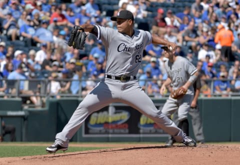 Sep 18, 2016; Kansas City, MO, USA; Chicago White Sox starting pitcher Jose Quintana (62) delivers a pitch in the first inning against the Kansas City Royals at Kauffman Stadium. Mandatory Credit: Denny Medley-USA TODAY Sports