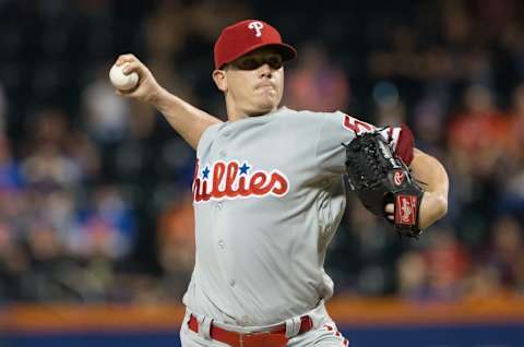 Sep 23, 2016; New York City, NY, USA; Philadelphia Phillies starting pitcher Jeremy Hellickson (58) pitches against the New York Mets during the first inning at Citi Field. Mandatory Credit: Bill Streicher-USA TODAY Sports