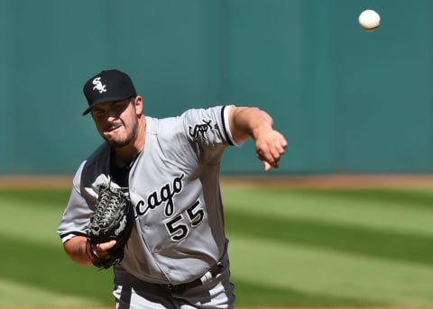 Sep 25, 2016; Cleveland, OH, USA; Chicago White Sox starting pitcher Carlos Rodon (55) throws a pitch during the first inning against the Chicago White Sox at Progressive Field. Mandatory Credit: Ken Blaze-USA TODAY Sports