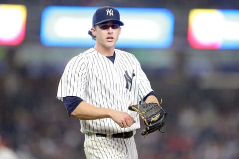 Sep 28, 2016; Bronx, NY, USA; New York Yankees starting pitcher Bryan Mitchell (55) reacts after the top of the seventh inning against the Boston Red Sox at Yankee Stadium. Mandatory Credit: Brad Penner-USA TODAY Sports