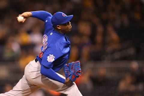 Sep 28, 2016; Pittsburgh, PA, USA; Chicago Cubs relief pitcher Aroldis Chapman (54) pitches against the Pittsburgh Pirates during the eighth inning at PNC Park. Mandatory Credit: Charles LeClaire-USA TODAY Sports