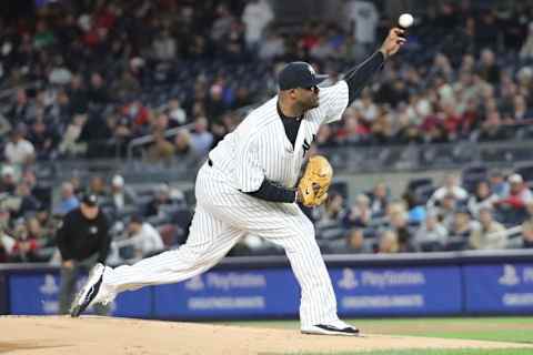 Sep 29, 2016; Bronx, NY, USA; New York Yankees starting pitcher CC Sabathia (52) pitches during the first inning against the Boston Red Sox at Yankee Stadium. Mandatory Credit: Anthony Gruppuso-USA TODAY Sports