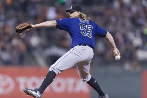 Sep 29, 2016; San Francisco, CA, USA; Colorado Rockies starting pitcher Jon Gray (55) delivers a pitch against the San Francisco Giants during the first inning at AT&T Park. Mandatory Credit: Neville E. Guard-USA TODAY Sports