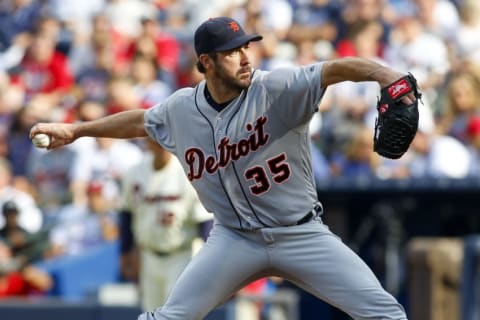 Oct 2, 2016; Atlanta, GA, USA; Detroit Tigers starting pitcher Justin Verlander (35) throws a pitch against the Atlanta Braves in the fifth inning at Turner Field. Mandatory Credit: Brett Davis-USA TODAY Sports