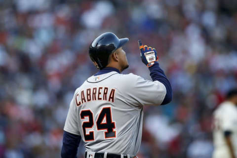 Oct 2, 2016; Atlanta, GA, USA; Detroit Tigers first baseman Miguel Cabrera (24) celebrates after a single against the Atlanta Braves in the ninth inning at Turner Field. The Braves defeated the Tigers 1-0. Mandatory Credit: Brett Davis-USA TODAY Sports