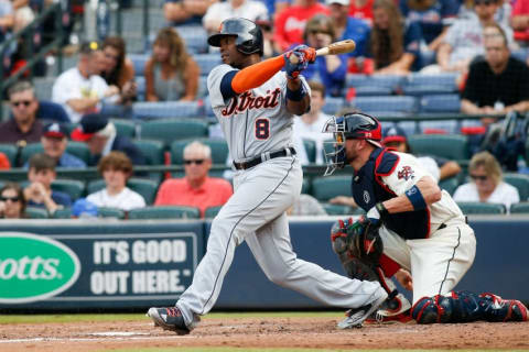 Oct 2, 2016; Atlanta, GA, USA; Detroit Tigers left fielder Justin Upton (8) bats against the Atlanta Braves in the fifth inning at Turner Field. Mandatory Credit: Brett Davis-USA TODAY Sports