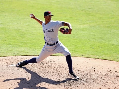 Oct 11, 2016; Glendale, AZ, USA; Scottsdale Scorpions pitcher Dillon Tate of the New York Yankees against the Glendale Desert Dogs during an Arizona Fall League game at Camelback Ranch. Mandatory Credit: Mark J. Rebilas-USA TODAY Sports