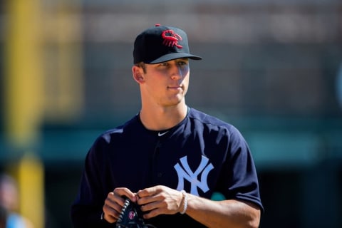 Oct 11, 2016; Glendale, AZ, USA; Scottsdale Scorpions pitcher James Kaprielian of the New York Yankees against the Glendale Desert Dogs during an Arizona Fall League game at Camelback Ranch. Mandatory Credit: Mark J. Rebilas-USA TODAY Sports