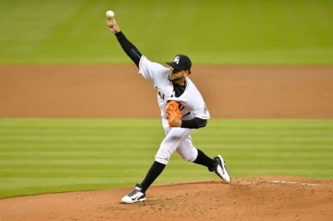 May 22, 2015; Miami, FL, USA; Miami Marlins starting pitcher Henderson Alvarez (37) delivers a pitch during the second inning against the Baltimore Orioles at Marlins Park. Mandatory Credit: Steve Mitchell-USA TODAY Sports