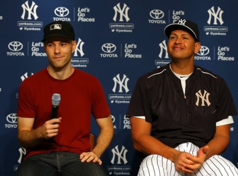 Jul 3, 2015; Bronx, NY, USA; Zack Hample, the fan who retrieved Alex Rodriguez 3,000th hit on June 19, speaks before presenting the ball to New York Yankees designated hitter Alex Rodriguez (13) during a press conference at Yankee Stadium. The New York Yankees will donate $150,000 to Pitch In For Baseball, a charity which Hample has supported since 2009 that is dedicated to maximizing the ability to play baseball in underserved communities. Mandatory Credit: Adam Hunger-USA TODAY Sports