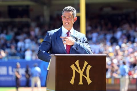 Aug 22, 2015; Bronx, NY, USA; New York Yankees former catcher Jorge Posada address the crowd during a ceremony for the retirement of his number before the game against the Cleveland Indians at Yankee Stadium. Mandatory Credit: Anthony Gruppuso-USA TODAY Sports