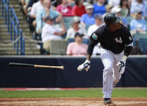 Mar 5, 2016; Tampa, FL, USA; New York Yankees shortstop Jorge Mateo (93) hits a home run during the third inning against the Boston Red Sox at George M. Steinbrenner Field. Mandatory Credit: Kim Klement-USA TODAY Sports