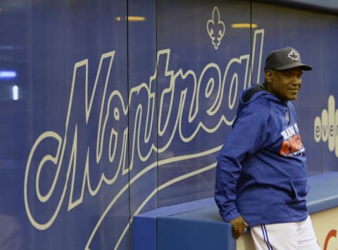 Apr 1, 2016; Montreal, Quebec, CAN; Montreal Expos former player and now a Toronto Blue Jays base running instructor Tim Raines before the game between the Boston Red Sox and the Blue Jays at Olympic Stadium. Mandatory Credit: Eric Bolte-USA TODAY Sports