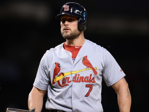 Apr 28, 2016; Phoenix, AZ, USA; St. Louis Cardinals left fielder Matt Holliday (7) looks on against the Arizona Diamondbacks at Chase Field. The Diamondbacks won 3-0. Mandatory Credit: Joe Camporeale-USA TODAY Sports