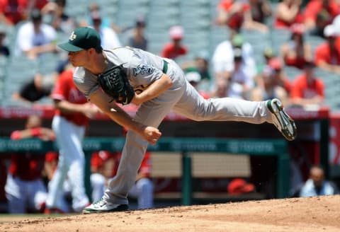 June 26, 2016; Anaheim, CA, USA; Oakland Athletics starting pitcher Sonny Gray (54) throws in the first inning against Los Angeles Angels at Angel Stadium of Anaheim. Mandatory Credit: Gary A. Vasquez-USA TODAY Sports