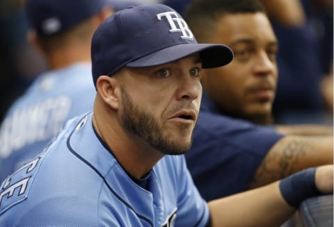 Jul 31, 2016; St. Petersburg, FL, USA; Tampa Bay Rays first baseman Steve Pearce (28) looks on from the dugout during the sixth inning against the New York Yankees at Tropicana Field. Mandatory Credit: Kim Klement-USA TODAY Sports