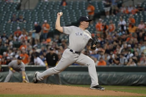 Sep 2, 2016; Baltimore, MD, USA; New York Yankees starting pitcher Chad Green (57) pitches during the first inning against the Baltimore Orioles at Oriole Park at Camden Yards. Mandatory Credit: Tommy Gilligan-USA TODAY Sports