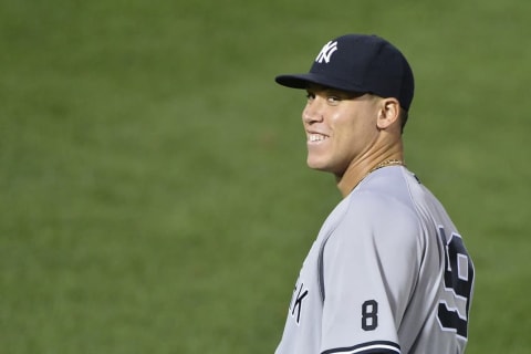 Sep 2, 2016; Baltimore, MD, USA; New York Yankees right fielder Aaron Judge (99) reacts to fans during the sixth inning against the Baltimore Orioles at Oriole Park at Camden Yards. Baltimore Orioles defeated New York Yankees 8-0. Mandatory Credit: Tommy Gilligan-USA TODAY Sports