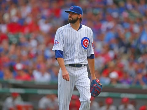 Sep 24, 2016; Chicago, IL, USA; Chicago Cubs starting pitcher Jason Hammel (39) walks off the mound after the first inning against the St. Louis Cardinals at Wrigley Field. Mandatory Credit: Dennis Wierzbicki-USA TODAY Sports