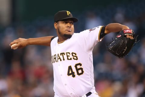 Sep 24, 2016; Pittsburgh, PA, USA; Pittsburgh Pirates starting pitcher Ivan Nova (46) delivers a pitch against the Washington Nationals during the first inning at PNC Park. Yankees. Mandatory Credit: Charles LeClaire-USA TODAY Sports