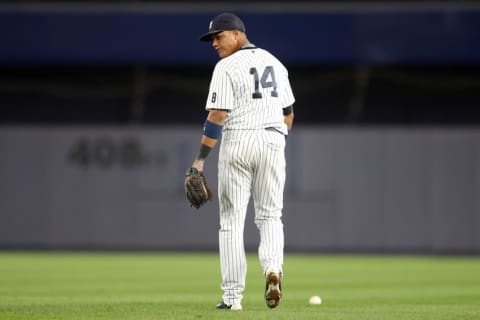 Sep 28, 2016; Bronx, NY, USA; New York Yankees second baseman Starlin Castro (14) reacts after committing an error on a ball hit by Boston Red Sox catcher Sandy Leon (not pictured) during the eighth inning at Yankee Stadium. Mandatory Credit: Brad Penner-USA TODAY Sports