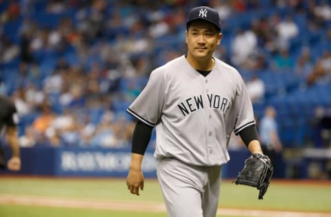 Sep 21, 2016; St. Petersburg, FL, USA;New York Yankees starting pitcher Masahiro Tanaka (19) walks back to the dugout against the Tampa Bay Rays at Tropicana Field. Mandatory Credit: Kim Klement-USA TODAY Sports