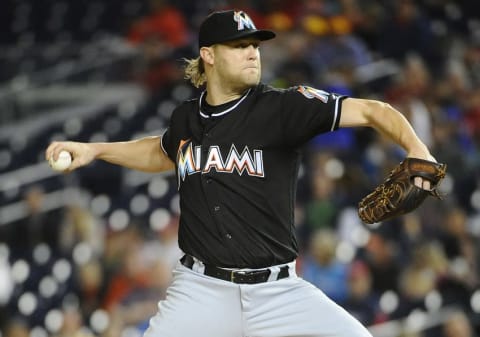 Sep 30, 2016; Washington, DC, USA; Miami Marlins starting pitcher Andrew Cashner (48) throws to the Washington Nationals during the first inning at Nationals Park. Mandatory Credit: Brad Mills-USA TODAY Sports