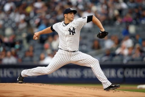 Oct 2, 2016; Bronx, NY, USA; New York Yankees starting pitcher Luis Cessa (85) throws during the first inning against the Baltimore Orioles at Yankee Stadium. Mandatory Credit: Danny Wild-USA TODAY Sports