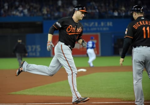 Oct 4, 2016; Toronto, Ontario, CAN; Baltimore Orioles right fielder Mark Trumbo (45) celebrates with third base coach Bobby Dickerson (11) after hitting a two run home run against the Toronto Blue Jays during the fourth inning in the American League wild card playoff baseball game at Rogers Centre. Mandatory Credit: Dan Hamilton-USA TODAY Sports