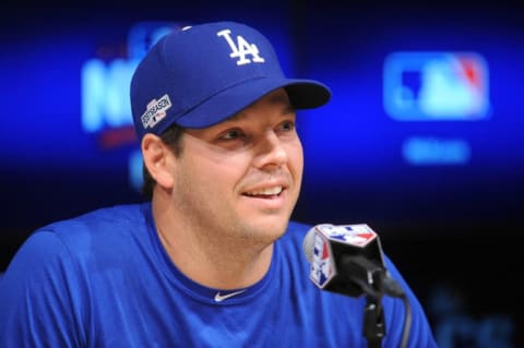 October 17, 2016; Los Angeles, CA, USA; Los Angeles Dodgers starting pitcher Rich Hill (44) speaks to media during workouts before game three of the NLCS at Dodgers Stadium. Yankees. Mandatory Credit: Gary A. Vasquez-USA TODAY Sports