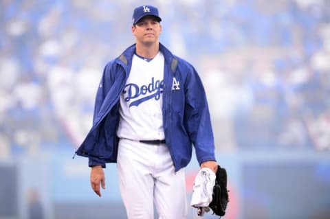 Oct 18, 2016; Los Angeles, CA, USA; Los Angeles Dodgers starting pitcher Rich Hill (44) walks to the dugout before the game against the Chicago Cubs in game three of the 2016 NLCS playoff baseball series at Dodger Stadium. Mandatory Credit: Gary A. Vasquez-USA TODAY Sports