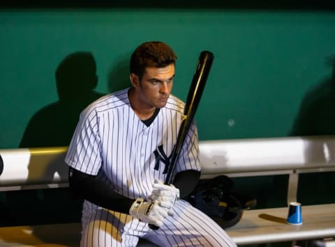 Oct 18, 2016; Scottsdale, AZ, USA; Scottsdale Scorpions infielder Greg Bird of the New York Yankees in the dugout against the Surprise Saguaros during an Arizona Fall League game at Scottsdale Stadium. Mandatory Credit: Mark J. Rebilas-USA TODAY Sports