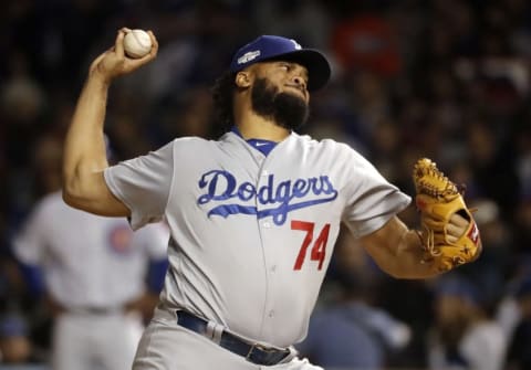 Oct 22, 2016; Chicago, IL, USA; Los Angeles Dodgers relief pitcher Kenley Jansen (74) throws against the Chicago Cubs during the sixth inning of game six of the 2016 NLCS playoff baseball series at Wrigley Field. Mandatory Credit: Jon Durr-USA TODAY Sports