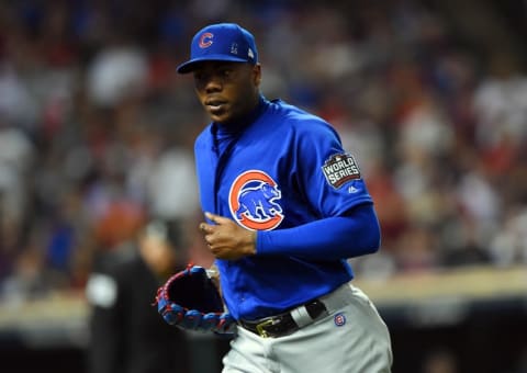 Nov 1, 2016; Cleveland, OH, USA; Chicago Cubs relief pitcher Aroldis Chapman is relieved in the 9th inning against the Cleveland Indians in game six of the 2016 World Series at Progressive Field. Mandatory Credit: Tommy Gilligan-USA TODAY Sports