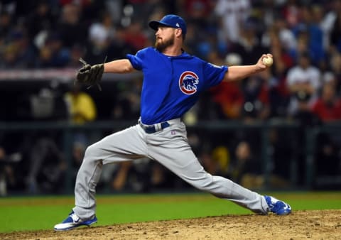 Nov 1, 2016; Cleveland, OH, USA; Chicago Cubs relief pitcher Travis Wood throws a pitch against the Cleveland Indians in the 9th inning in game six of the 2016 World Series at Progressive Field. Mandatory Credit: Tommy Gilligan-USA TODAY Sports