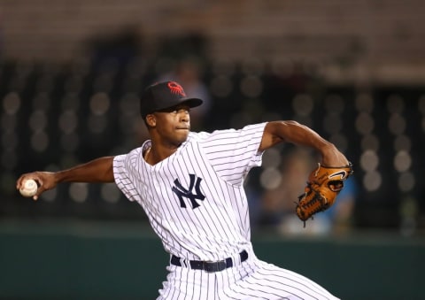 Oct 18, 2016; Scottsdale, AZ, USA; Scottsdale Scorpions pitcher Dillon Tate of the New York Yankees against the Surprise Saguaros during an Arizona Fall League game at Scottsdale Stadium. Mandatory Credit: Mark J. Rebilas-USA TODAY Sports