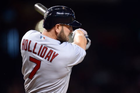 Apr 28, 2016; Phoenix, AZ, USA; St. Louis Cardinals left fielder Matt Holliday (7) bats against the Arizona Diamondbacks at Chase Field. The Diamondbacks won 3-0. Mandatory Credit: Joe Camporeale-USA TODAY Sports