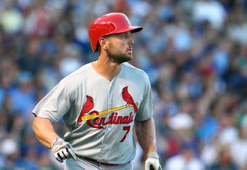 Jun 21, 2016; Chicago, IL, USA; St. Louis Cardinals left fielder Matt Holliday (7) looks on after hitting a home run during the third inning against the Chicago Cubs at Wrigley Field. Mandatory Credit: Caylor Arnold-USA TODAY Sports