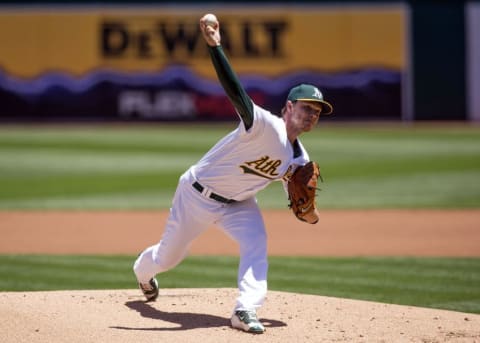 Jul 16, 2016; Oakland, CA, USA; Oakland Athletics starting pitcher Sonny Gray (54) delivers a pitch during the first inning against the Toronto Blue Jays at the Coliseum. Mandatory Credit: Neville E. Guard-USA TODAY Sports